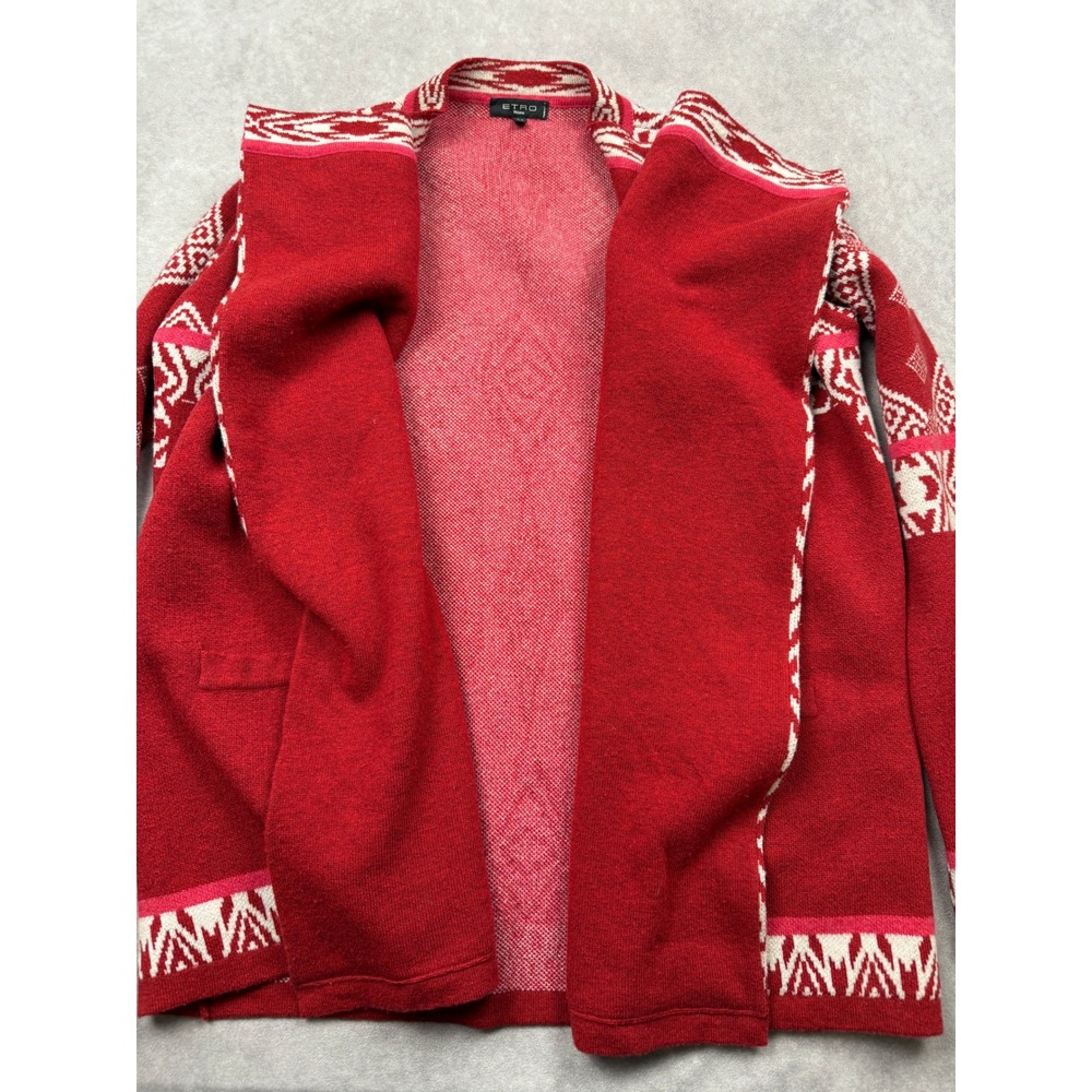 Etro Milano Red White Intarsia Open Front Knit Draped Cardigan Women IT 42/ US 6 - Picture 2 of 15